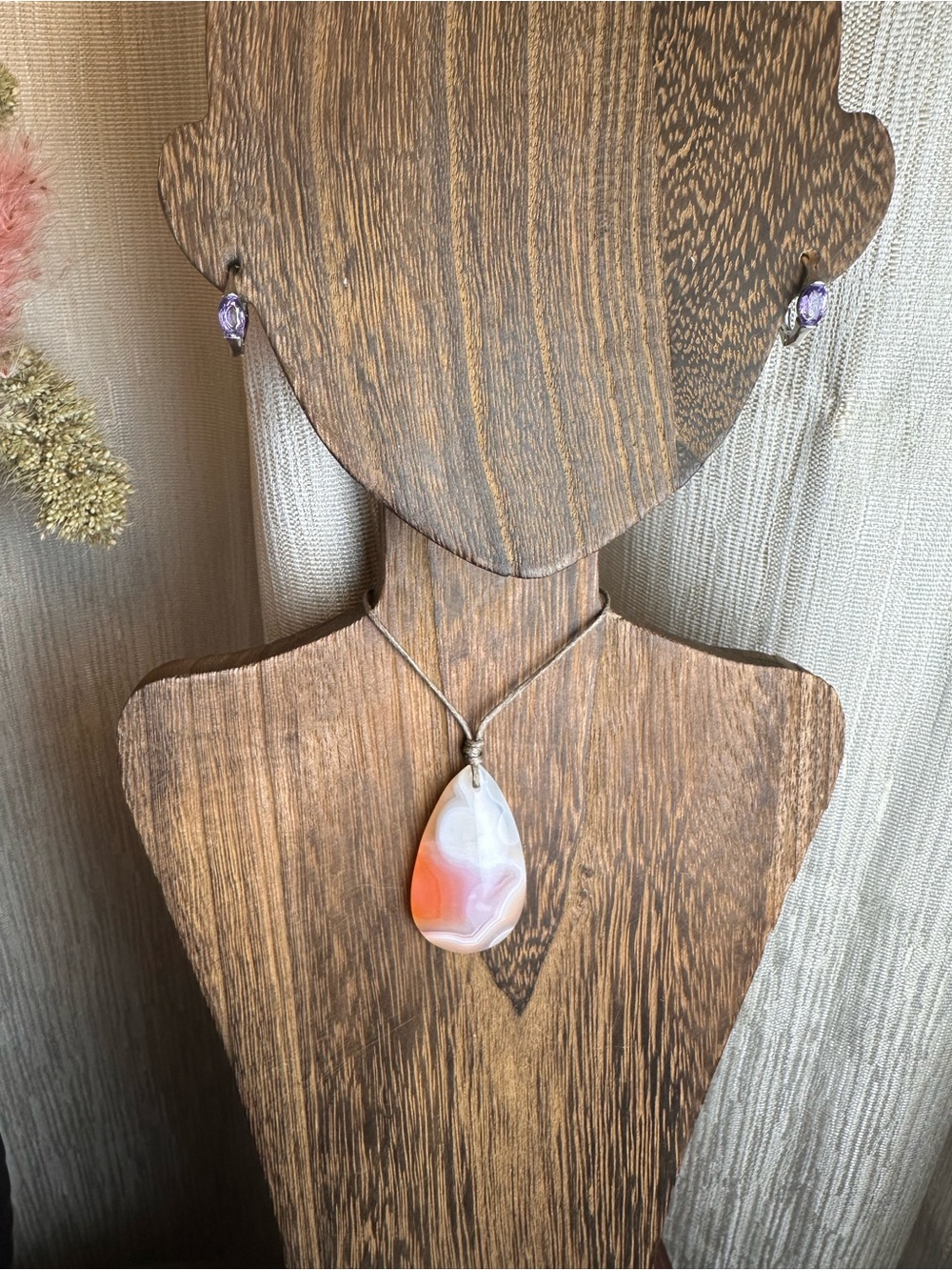 Coral Agate Teardrop Pendant Necklace on Thin Simple Tan Rope - Picture 6 of 14